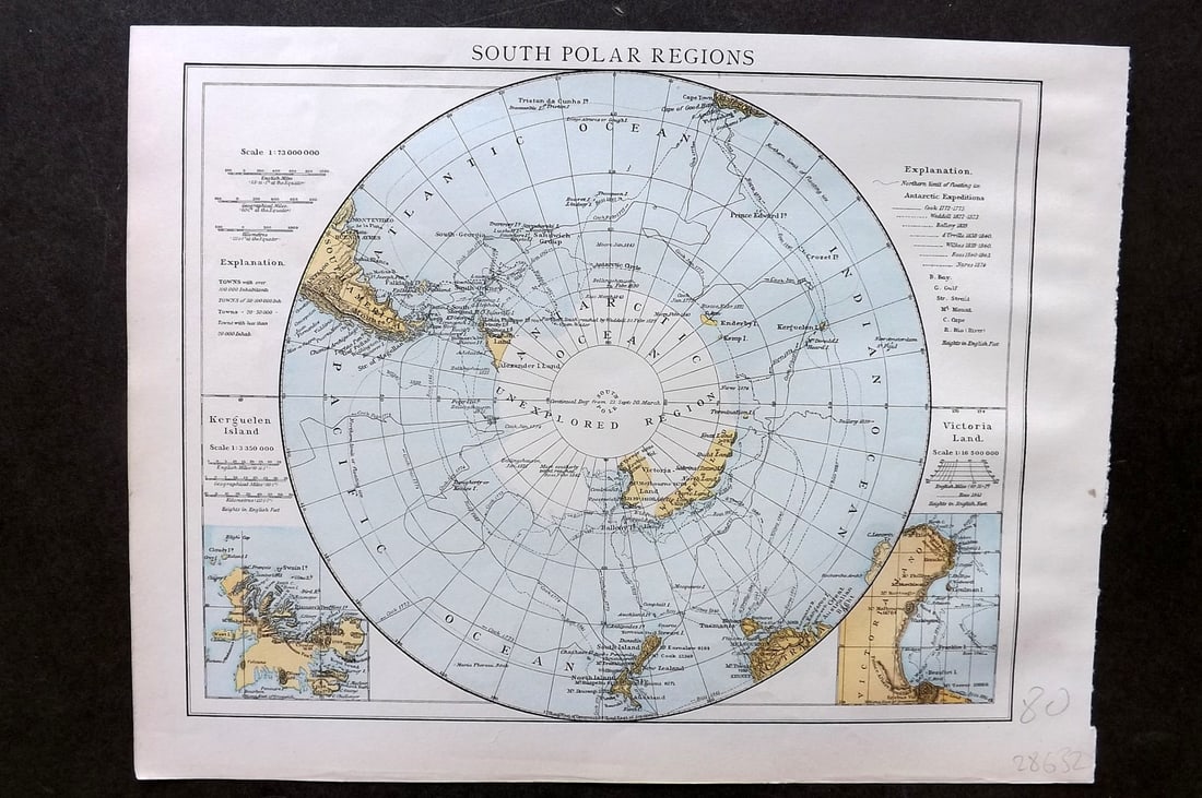 Times Atlas 1895 Antique Map. South Polar Regions. South Pole (1 of 1)