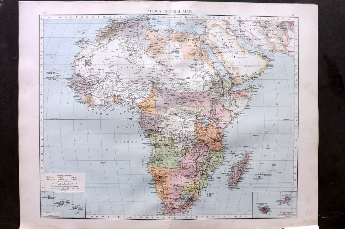 Times Atlas 1895 Antique Map. Africa General Map: Lithograph Map Published 1895, London for "The Times Atlas" Centre fold as published. Paper Size: 21.5 x 16 inch (55 x 41cm) Good Condition