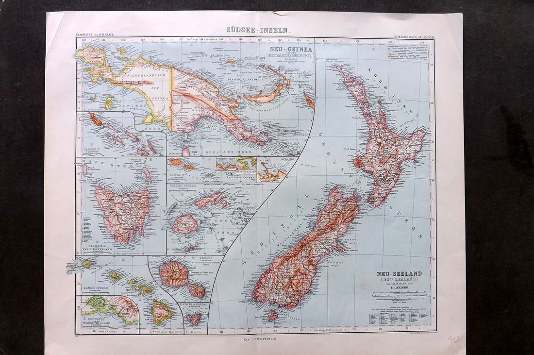 Stieler, Adolf 1909 Antique Map. New Zealand - South Sea Islands, Pacific Australia Hawaii: Lithograph Map Published 1909 by Justus Perthes, Gotha for "Stielers Atlas of Modern Geography" by Adolf Stieler. Center fold as published. Paper Size: 19 x 15.5 inch (48 x 39cm) Good Condition