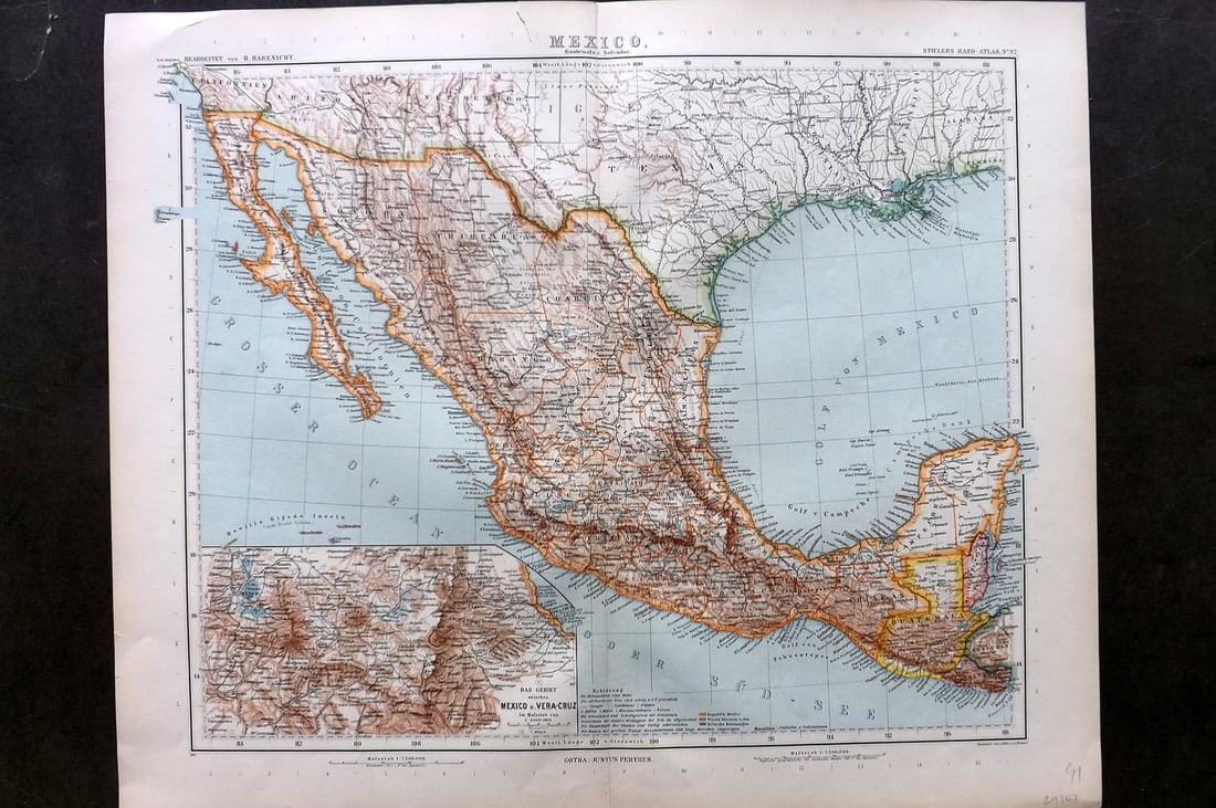 Stieler, Adolf 1909 Antique Map. Mexico: Lithograph Map Published 1909 by Justus Perthes, Gotha for "Stielers Atlas of Modern Geography" by Adolf Stieler. Center fold as published. Paper Size: 19 x 15.5 inch (48 x 39cm) Small top margin tear