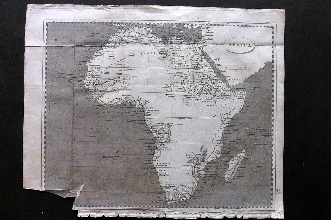 Pinkerton, John 1811 Map. Africa (Faults): Copper Engraved Map Published 1811, London for "Modern Geography. A Description of the Empires, Kingdoms, States and Colonies..." by John Pinkerton. Paper Size: 11 x 8.5 inch (28 x 21cm) Folds as boun