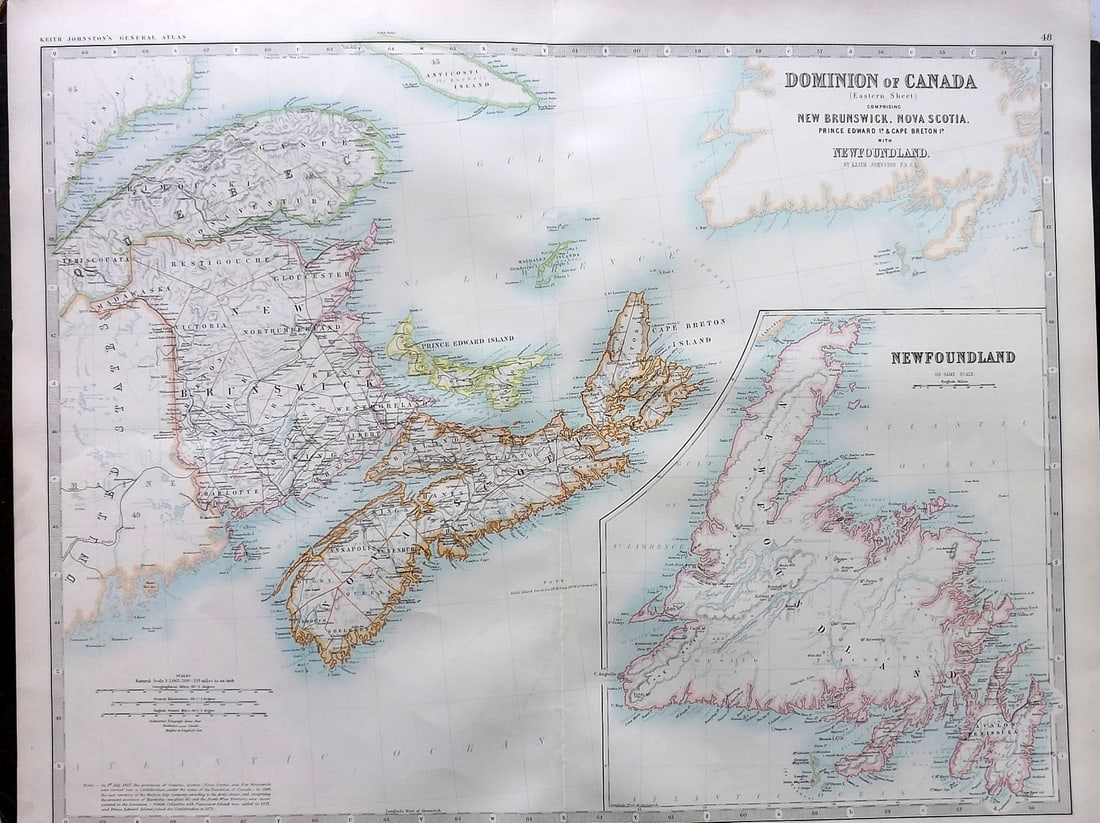 Johnston, Alexander 1894 LG Antique Map. Canada East - New Brunswick, Nova Scotia, Prince Edward, (1 of 1)