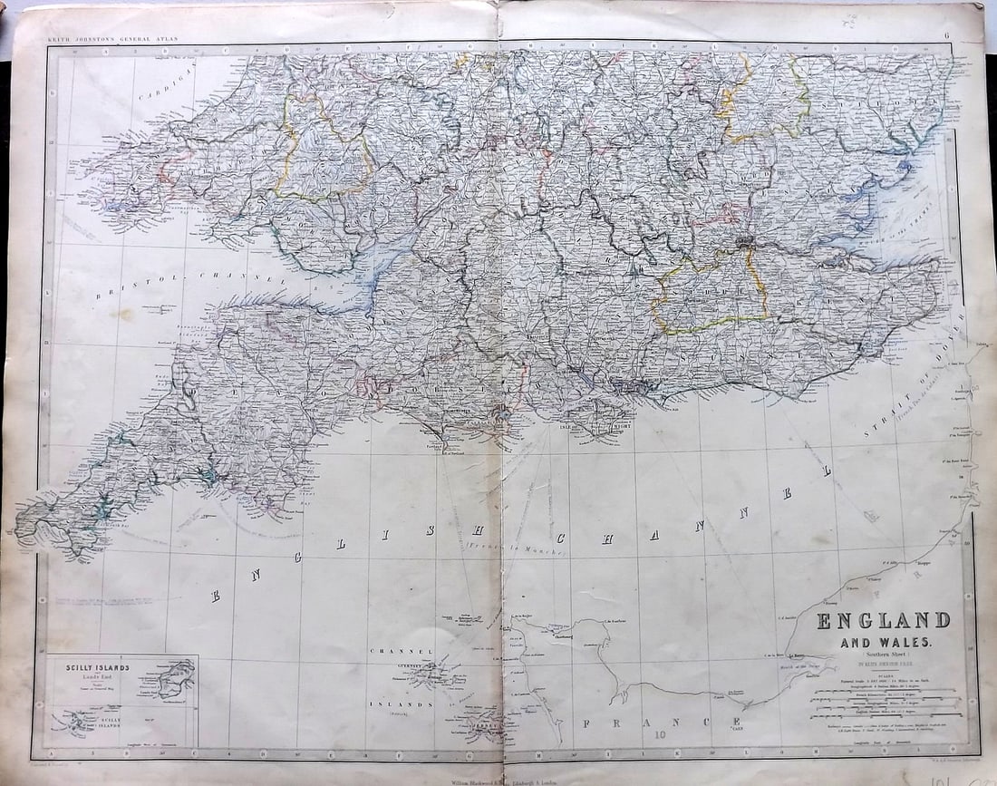 Johnston, Alexander 1861 Large Antique Map. England and Wales. Southern Sheet: Antique Large Folio Steel Engraved Map Published 1861, Edinburgh & London for "The Royal Atlas of Modern Geography" by Alexander Keith Johnston. Centre Fold as published. Paper Size: 24 x 19.5 inch (6