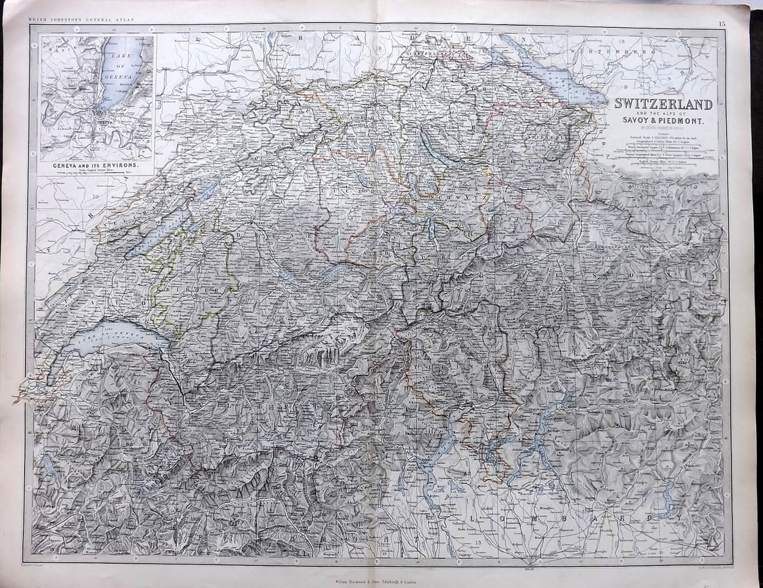 Johnston, Alexander 1861 Large Antique Map. Switzerland and the Alps of Savoy & Piedmont: Antique Large Folio Steel Engraved Map Published 1861, Edinburgh & London for "The Royal Atlas of Modern Geography" by Alexander Keith Johnston. Centre Fold as published. Paper Size: 24 x 19.5 inch (6