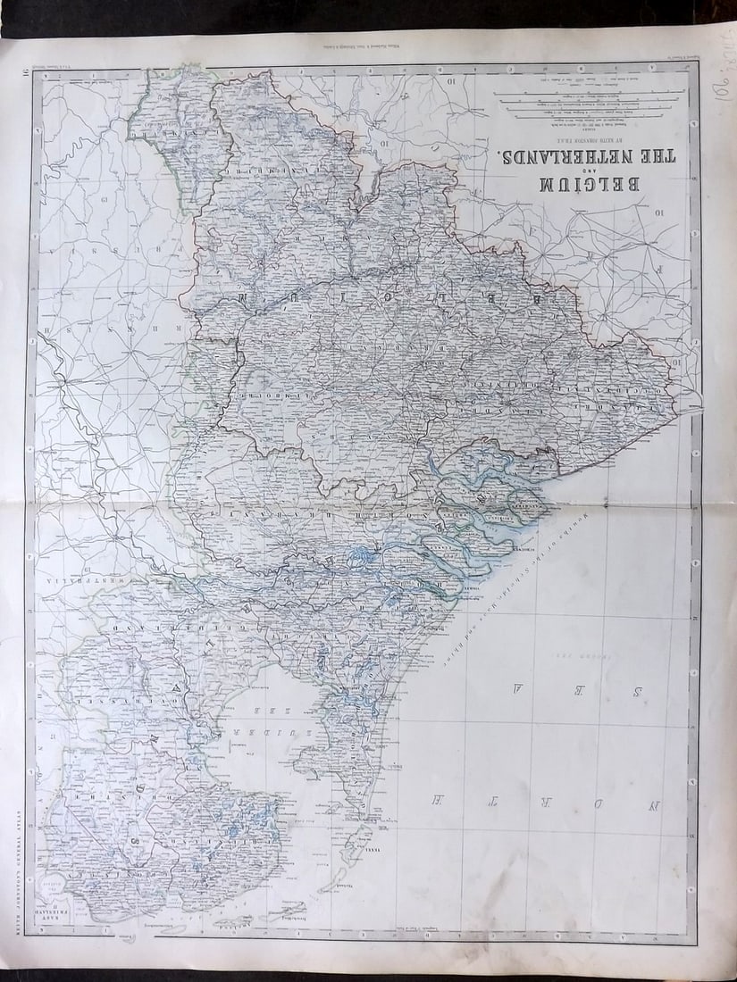 Johnston, Alexander 1861 Large Antique Map. Belgium and the Netherlands: Antique Large Folio Steel Engraved Map Published 1861, Edinburgh & London for "The Royal Atlas of Modern Geography" by Alexander Keith Johnston. Centre Fold as published. Paper Size: 24 x 19.5 inch (6