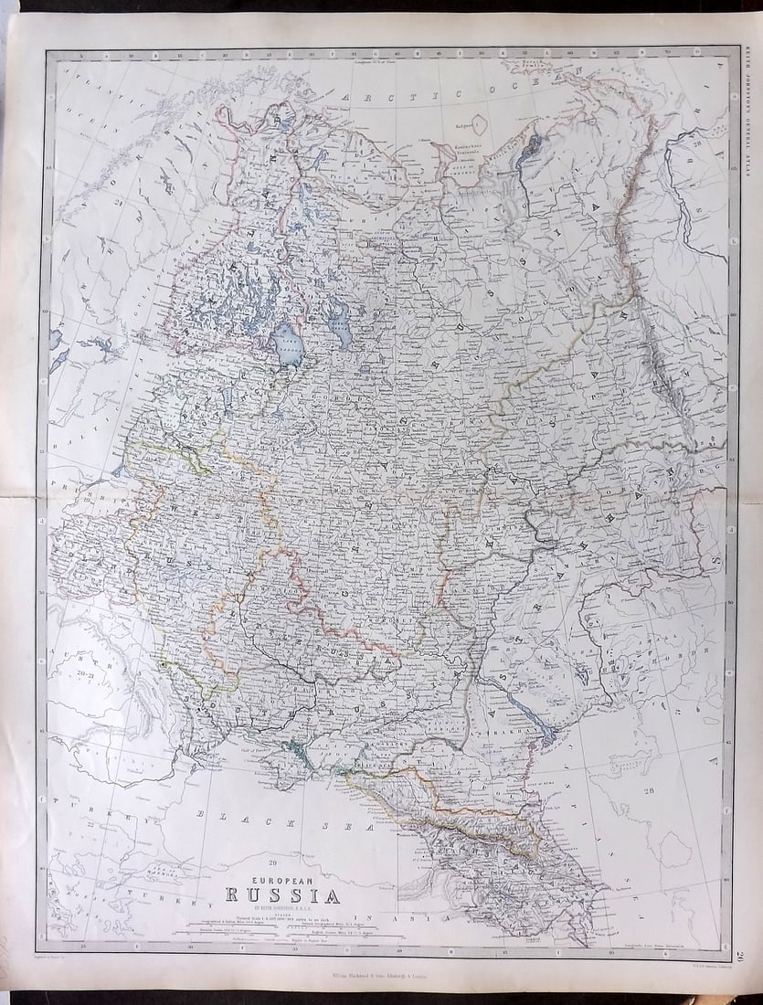 Johnston, Alexander 1861 Large Antique Map. European Russia: Antique Large Folio Steel Engraved Map Published 1861, Edinburgh & London for "The Royal Atlas of Modern Geography" by Alexander Keith Johnston. Centre Fold as published. Paper Size: 24 x 19.5 inch (6