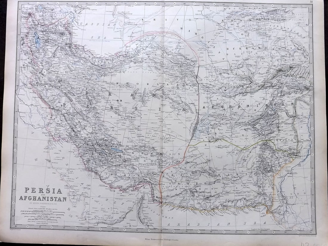 Johnston, Alexander 1861 Large Antique Map. Persia and Afghanistan: Antique Large Folio Steel Engraved Map Published 1861, Edinburgh & London for "The Royal Atlas of Modern Geography" by Alexander Keith Johnston. Centre Fold as published. Paper Size: 24 x 19.5 inch (6