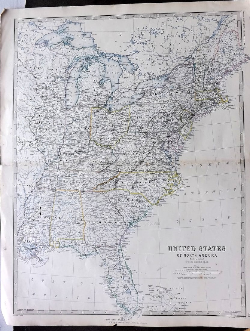 Johnston, Alexander 1861 Large Antique Map. United States of North America. Eastern Sheet (1 of 1)