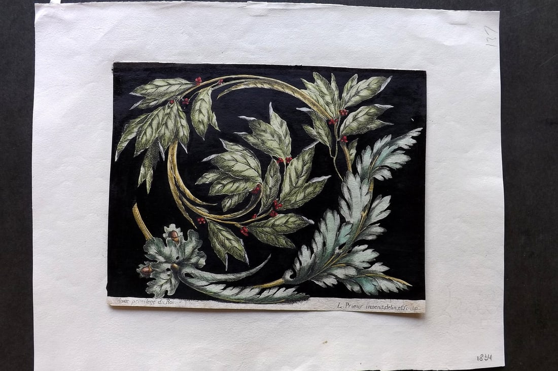 Prieur, Jean-Louis C1785 Fine Hand Col Floral Design for Metal or Woodwork: Hand Colored Watercolour & Gouache Copper Plate Published C1785, Paris. Drawn and Engraved by Jean-Louis Prieur. Neatly mounted onto old laid paper, which can easily be removed if required. Paper Size