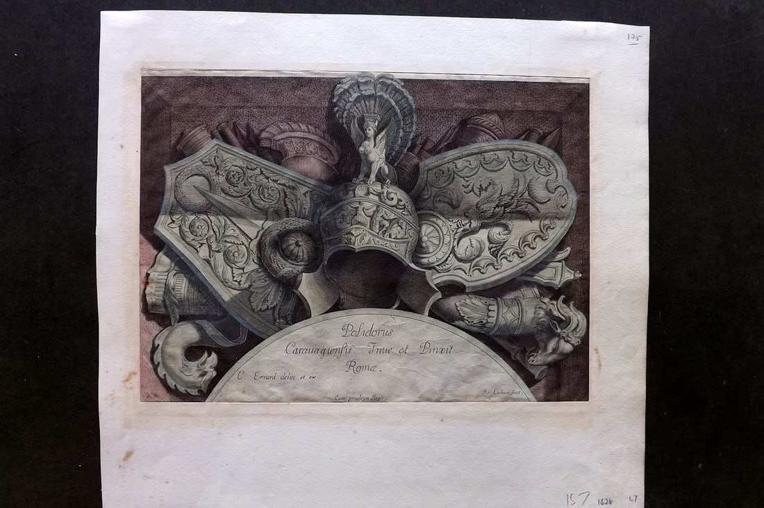 Errard, Charles 1651 Hand Col Roman Armour Print: Hand Colored Copper Plate Published 1651, Paris for "Divers Trophees Dediez A La Serenissime Reine de Suede" by Charles Errard. Engraved by Rene Lochon (Lochonius) Neatly re-margined with old laid pap