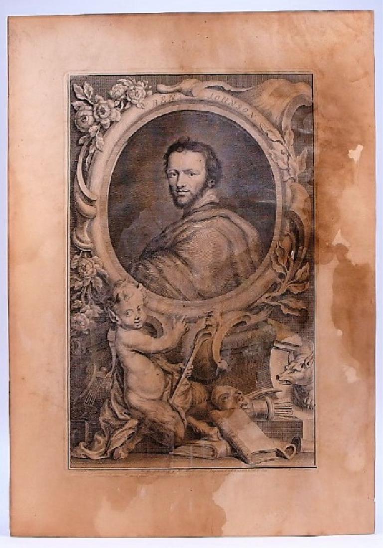 18C. Jacobus Houbraken Ben Johnson Engraving: NETHERLANDS, 1698-1780 An engraving of English poet Ben Johnson by Dutch engraver Jacobus Houbraken. The work is dated within the plate "1738". Dimensions: Measures 18 3/4" by 13 1/4".