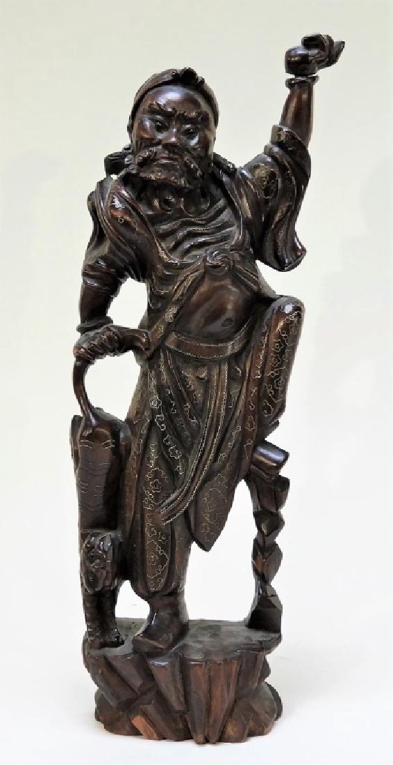 Chinese Carved Wood Silver Wire Warrior Sculpture (1 of 8)
