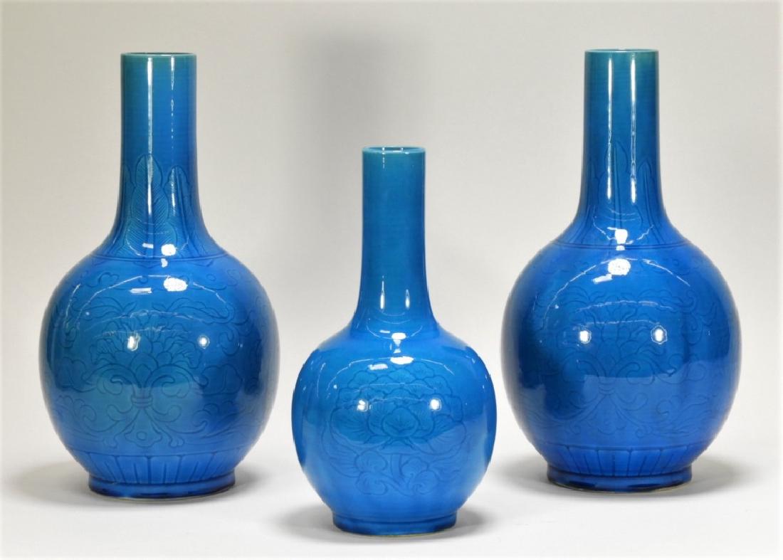 3 Chinese Porcelain Turquoise Incised Floral Vases (1 of 9)
