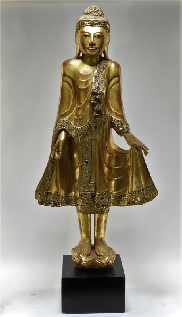 LG Thai Gilt Wood Standing Buddha Sculpture (1 of 11)