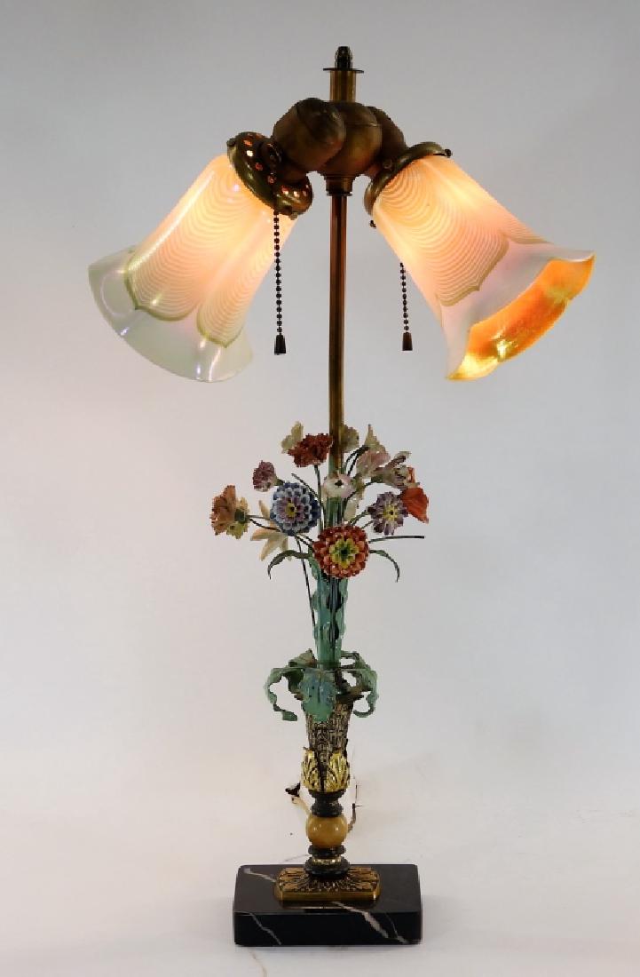 American Tole & Porcelain Floral Art Glass Lamp (1 of 8)