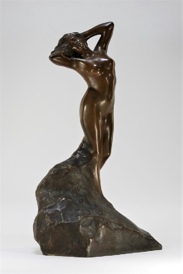 European Art Nouveau Bronze Female Nude Sculpture: EUROPE, EARLY 20TH CENTURY A European Art Nouveau bronze sculpture of a female nude. The woman is sensually modeled running her fingers through her hair while arching her back accentuating her chest. 