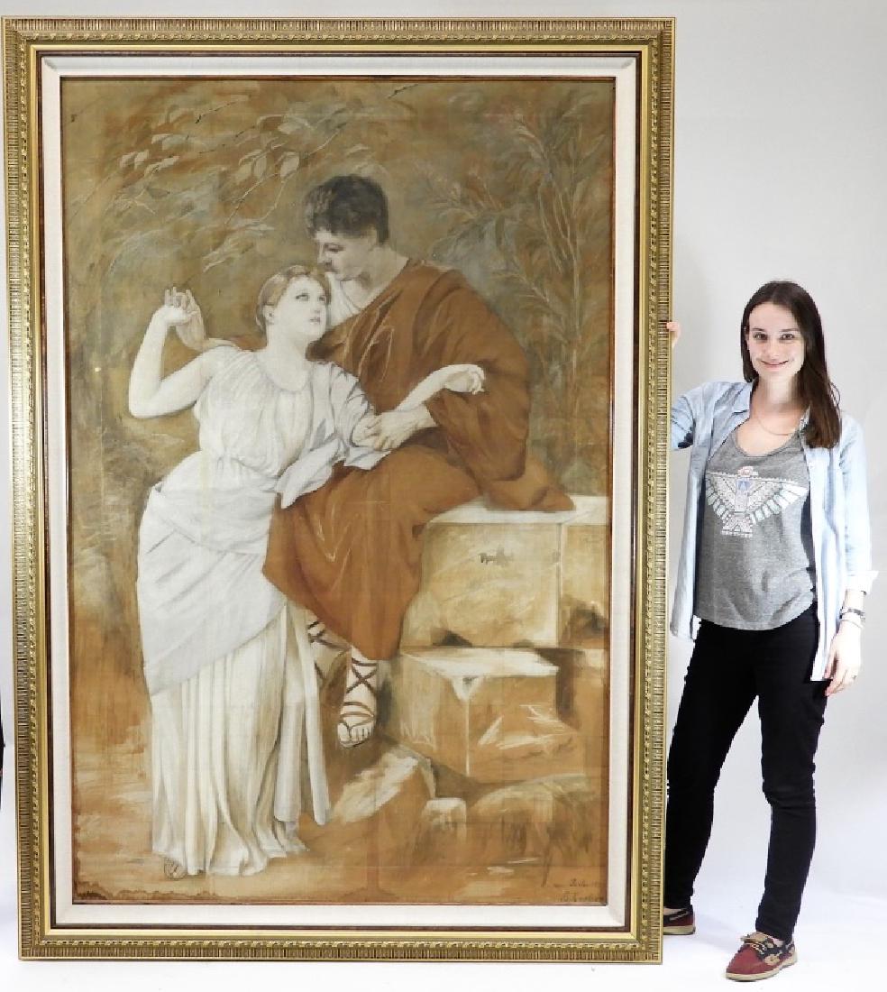 19C German Romantic Neoclassical Tapestry Painting: GERMANY, FOURTH QUARTER 19TH CENTURY A German oil on tapestry romantic neoclassical painting. The work depicts a youthful man and woman courting in traditional Greco-Roman attire against a stone wall 
