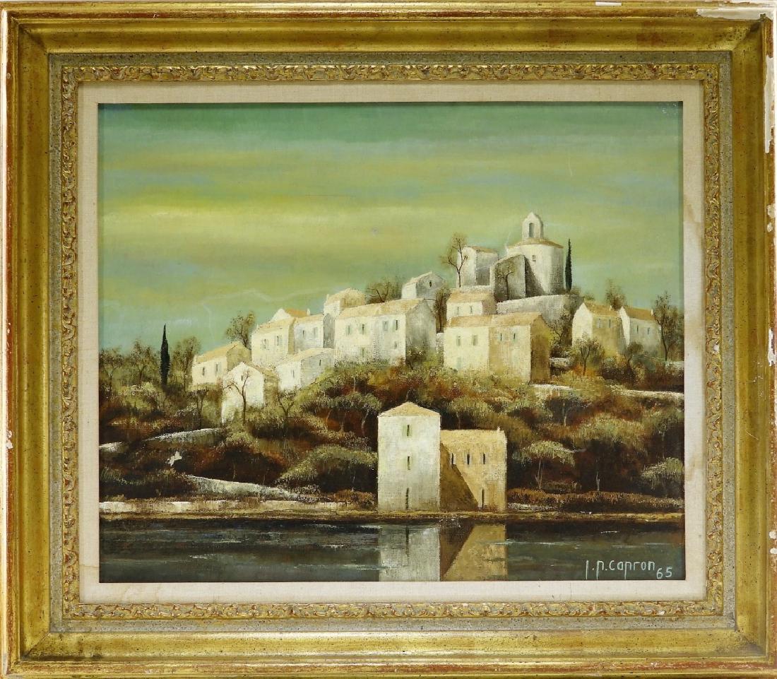 Jean-Pierre Capron OC Painting of a French Village: FRANCE, 1921-1997 An oil on canvas landscape painting of a French village by Jean-Pierre Capron. The work depicts a riverside village in a flat perspective with cubist styling. The work is signed in t