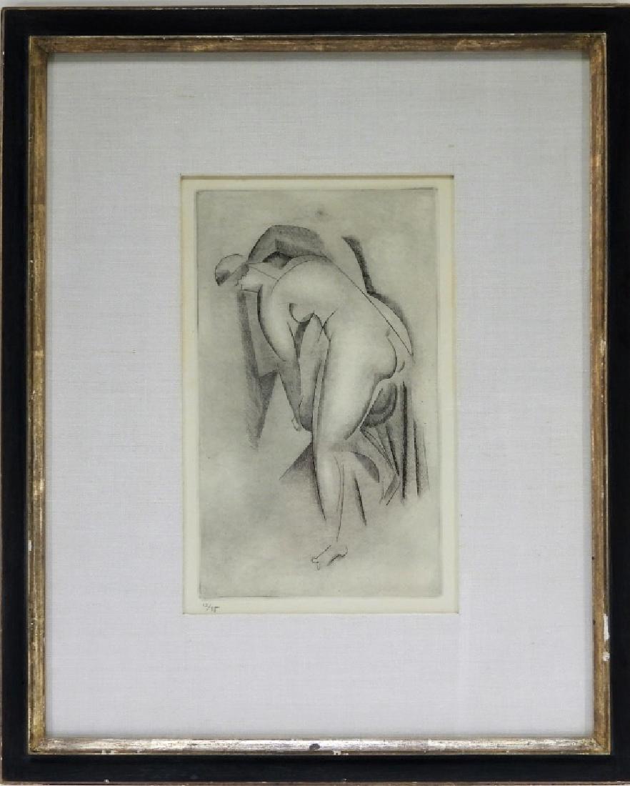 Alexander Archipenko Bending Nude Drypoint Etching: RUSSIA/UNITED STATES, 1887-1964 A limited edition drypoint etching by modernist Alexander Archipenko. Titled "Bending", the work depicts a backward profile of a female nude executed in Archipenko's ea