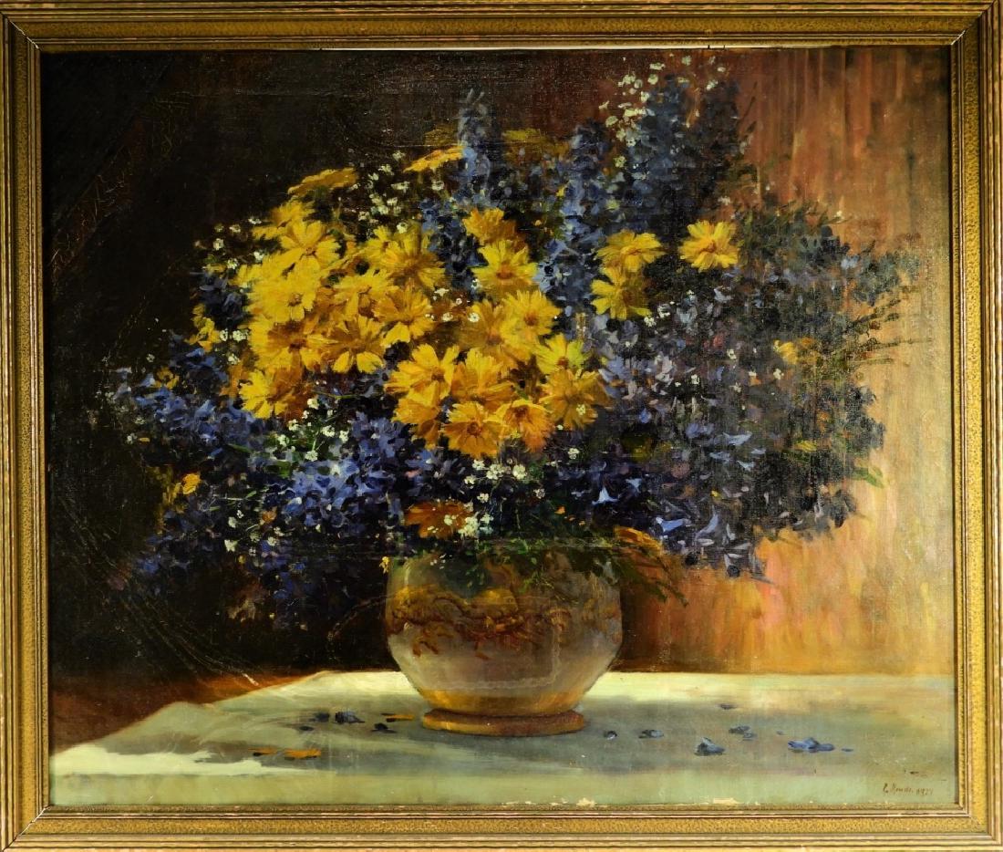 American Oriental Still Life Painting of Flowers: UNITED STATES, EARLY 20TH CENTURY An American oil on canvas floral still life painting. The work depicts a bouquet of daisy and lavender flowers in a stout oriental vase on a table top. The work is il
