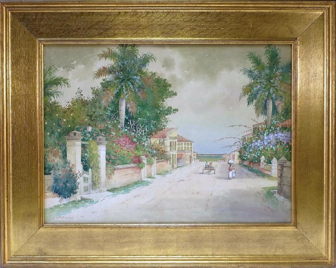 Hartwell Woodcock Caribbean Street Scene Painting: MAINE, 1853-1929 A watercolor on paper Caribbean street scene painting by Hartwell Leon Woodcock. The work depicts a main road with a mother and child walking into the middle ground and a man with a d