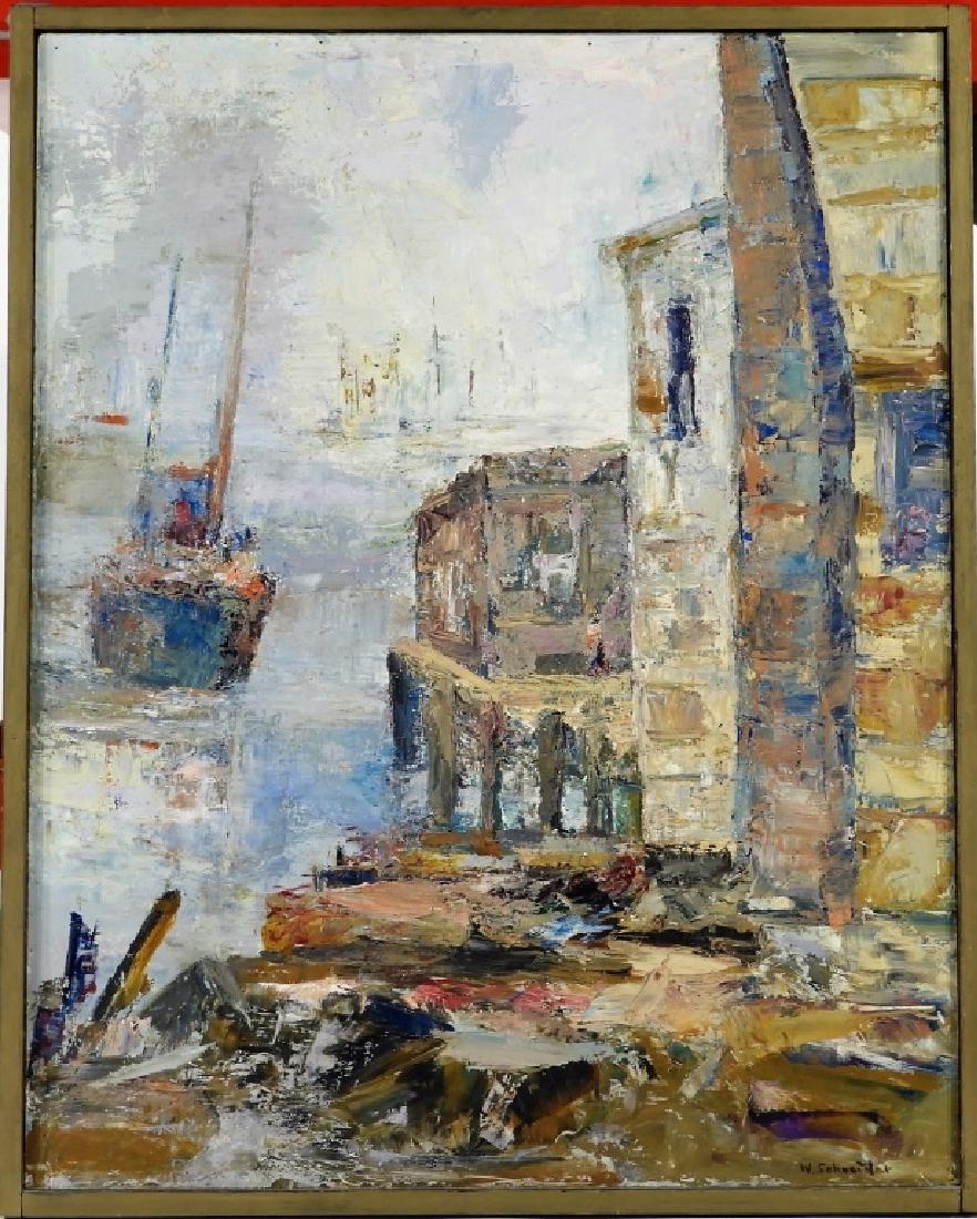 European Abstract Cubist O/C Harbor Painting: EUROPEAN, MID 20TH CENTURY A European abstract cubist oil on canvas harbor scene painting. The work depicts a sailboat as it approaches a dock with abstracted buildings in the foreground. The work is 