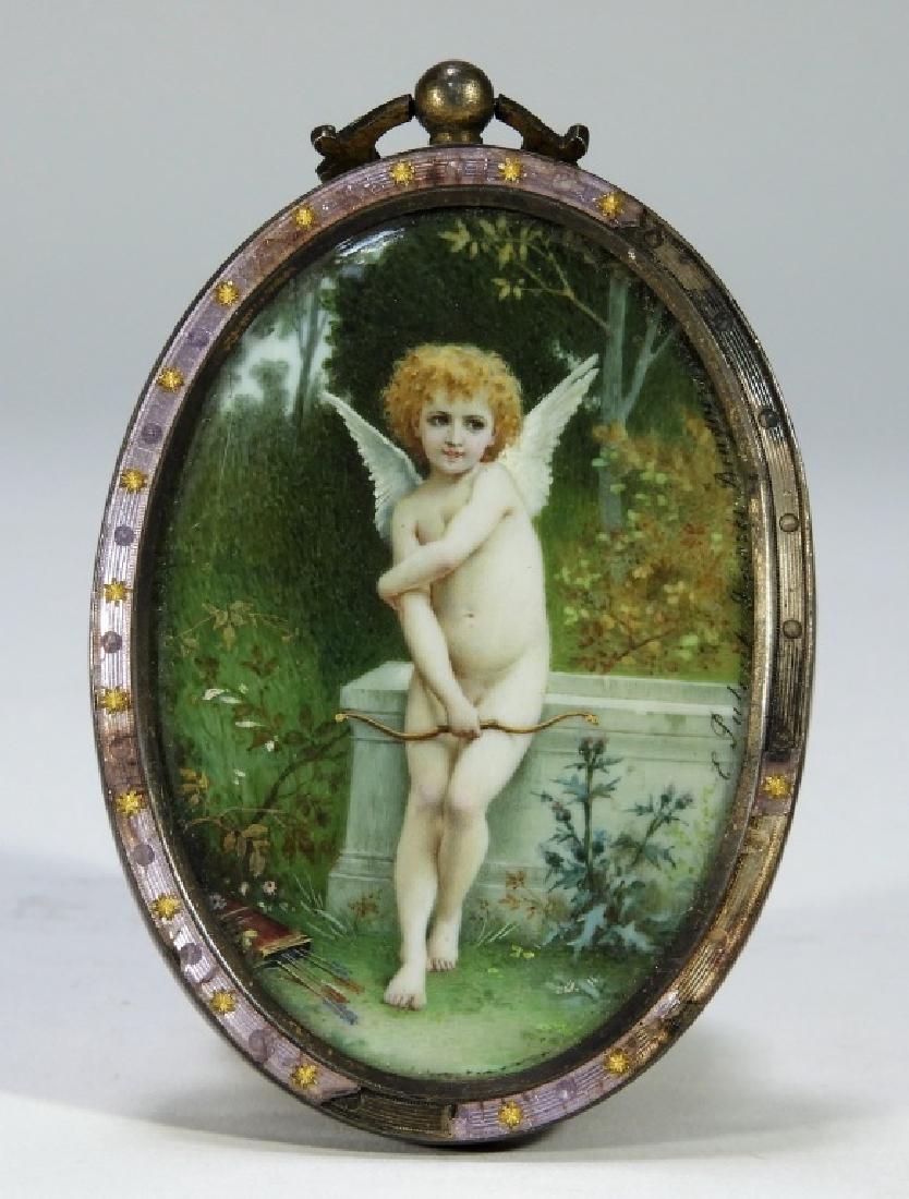 FINE French Romantic Miniature Painting of Cupid: FRANCE, 19TH CENTURY A fine French Rococo romantic miniature painting of Cupid. The work depicts Cupid leaning against a wall with his bow in hand concealing his chest and genitals with his quill inso