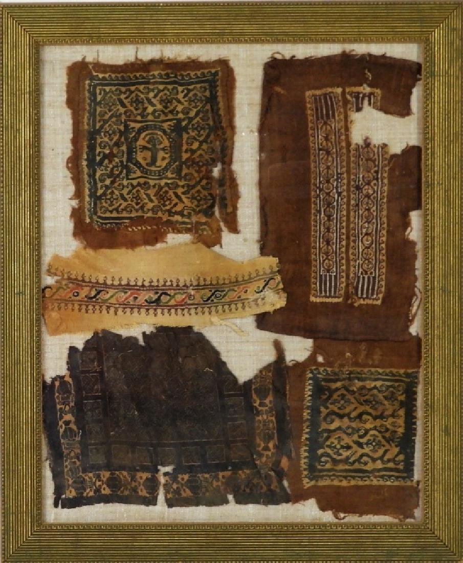5 Ancient Egyptian Coptic Textile Fragments: EGYPT, 4TH-6TH CENTURY AD A group of five ancient Egyptian Coptic textile fragments. The textiles are decorated with divergent tendril patterns in earth tone dyed fabric. Dimensions : Framed 23" by 19