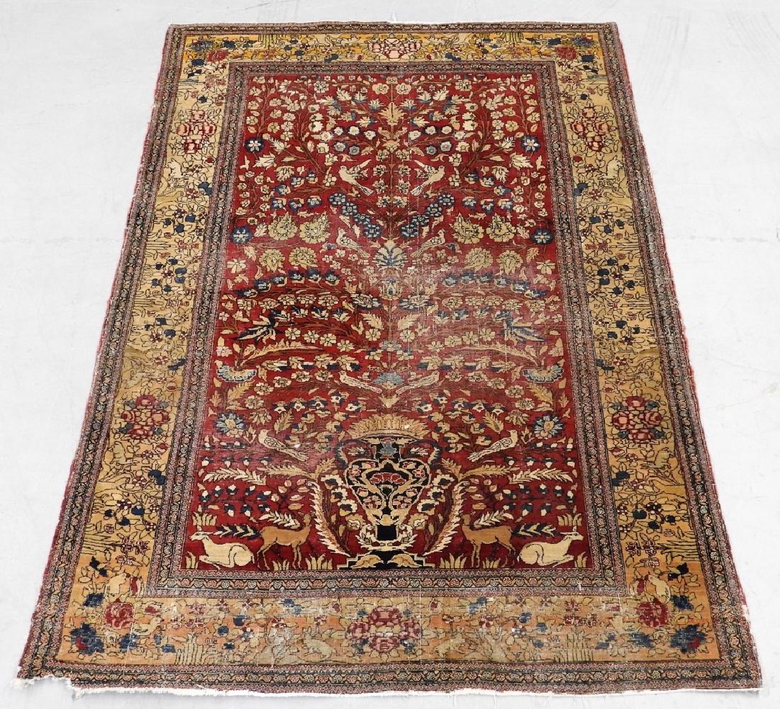 C.1900 Oriental Turkish Bidjar Pictorial Carpet: TURKEY, CIRCA 1900 An antique Oriental Turkish Bidjar pictorial carpet. The carpet is decorated with an all-over foliate motif accented with deer and birds over a red ground surrounded by an avian and