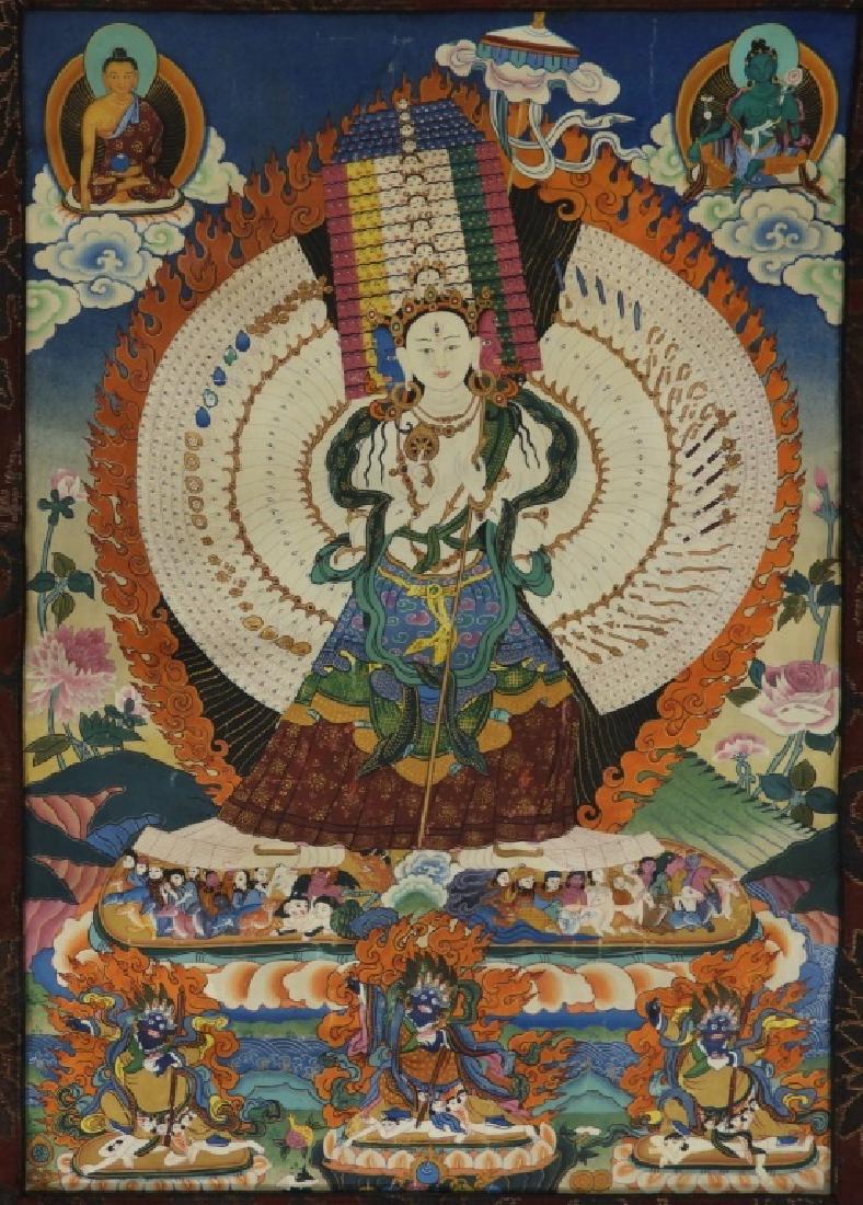 Sino Tibetan Polychrome Buddhist Thanka Textile: TIBET, 19TH-20TH CENTURY An antique Sino Tibetan polychrome painted Buddhist Thanka textile. The textile is decorated with various deities in vibrant polychrome paint. Dimensions : Painting measures 1