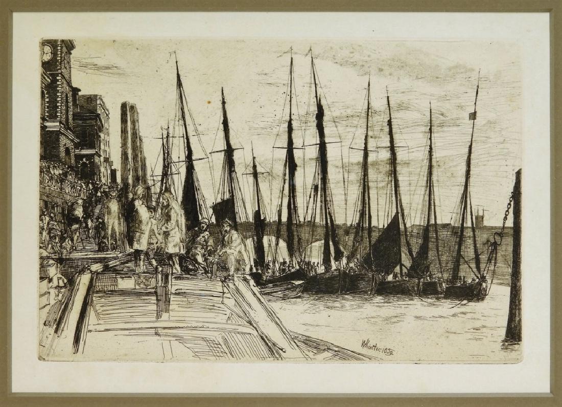 James Abbott McNeil Whistler Billingsgate Etching: MASSACHUSETTS/ENGLAND, 1834-1903 An etching on wove paper by James Abbott McNeil Whistler. Titled "Billingsgate", the work depicts a queue of docked boats outside of a bustling fish market. The work i