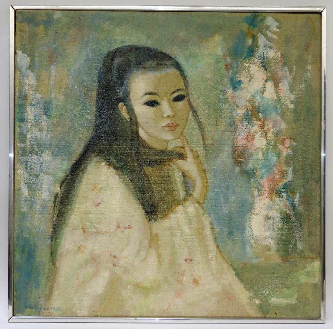 Nathan Wasserberger Orientalist Figure Painting: POLAND/UNITED STATES, 1928-2012 An oil on canvas Orientalist figurative portrait painting by Nathan Wasserberger. The work depicts a youthful woman in a white kimono with silhouetted eyes over an abst
