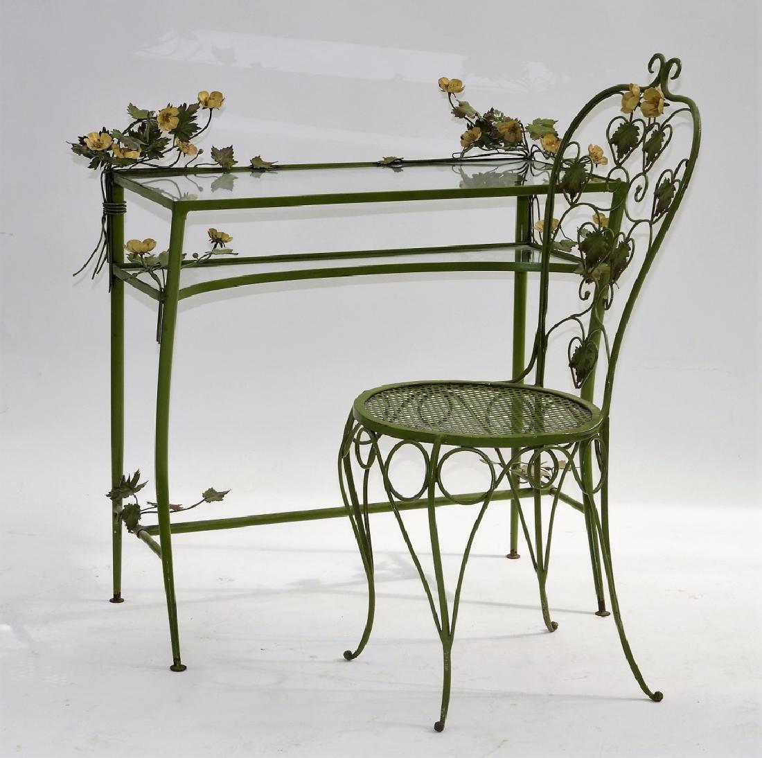 Italian Green Painted Tole Floral Desk & Chair (1 of 5)