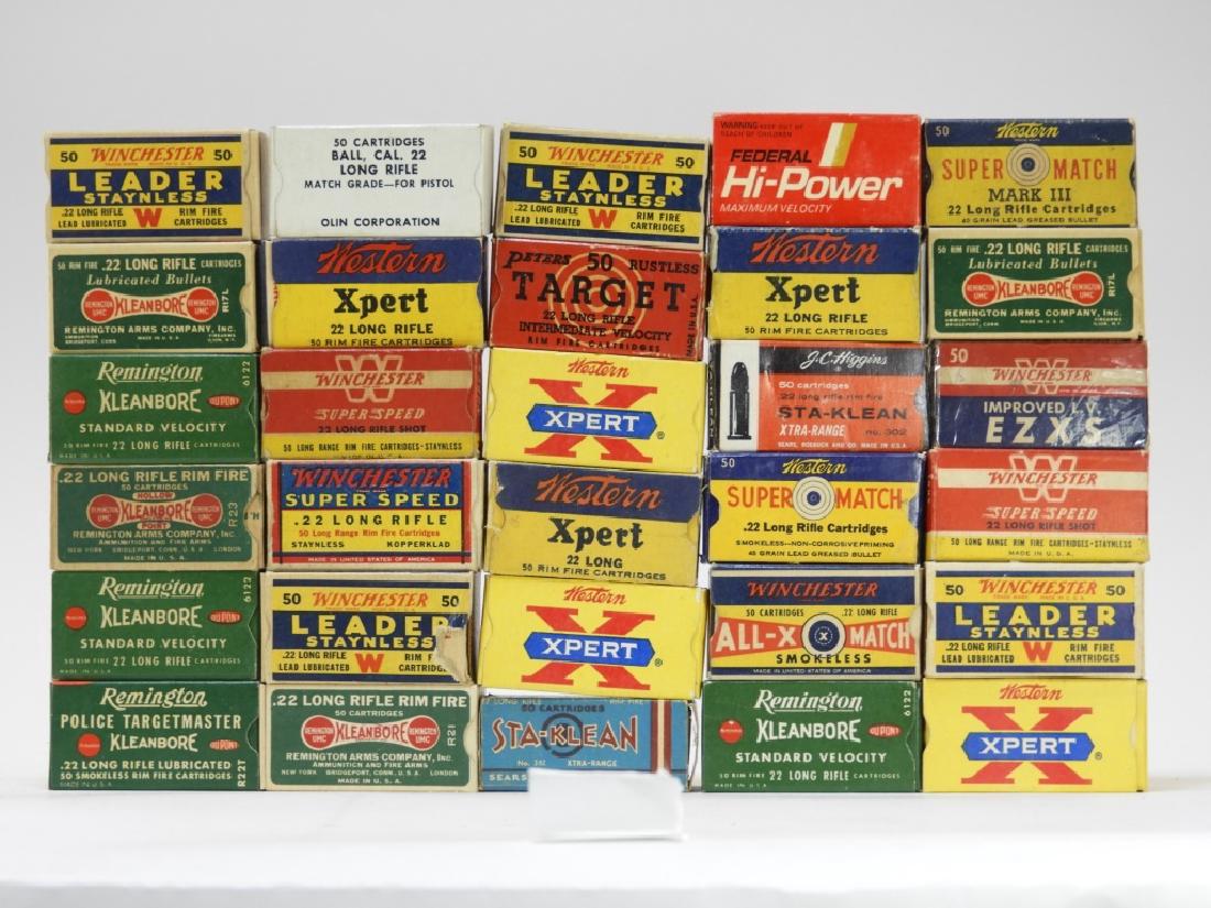 Antique Remington Federal .22 Long Rifle Bullets: UNITED STATES, 20TH CENTURY A collection of antique 22 caliber bullets. The lot includes Federal, J.C. Higgins, Olin, Peters, Remington, Sta-Klean, Western, and Winchester. Boxes 2 1/2" long