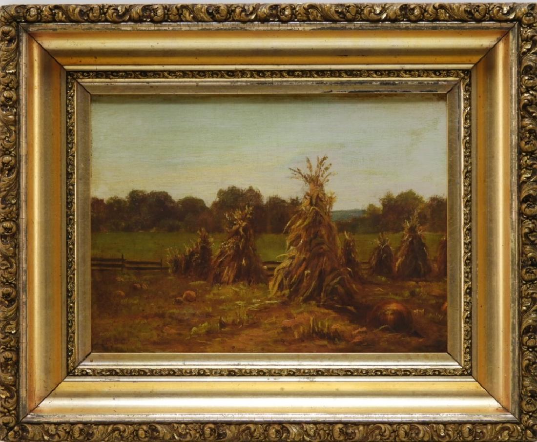 R. Bruce Crane Impressionist Painting of a Pasture: Robert Bruce Crane (1857-1937) Conneticut, New York Impressionist Summer Time Landscape Painting with Hay. Signed "R.B.C" lower left and "B. Crane" on verso. Oil on canvas, framed From the estate of a