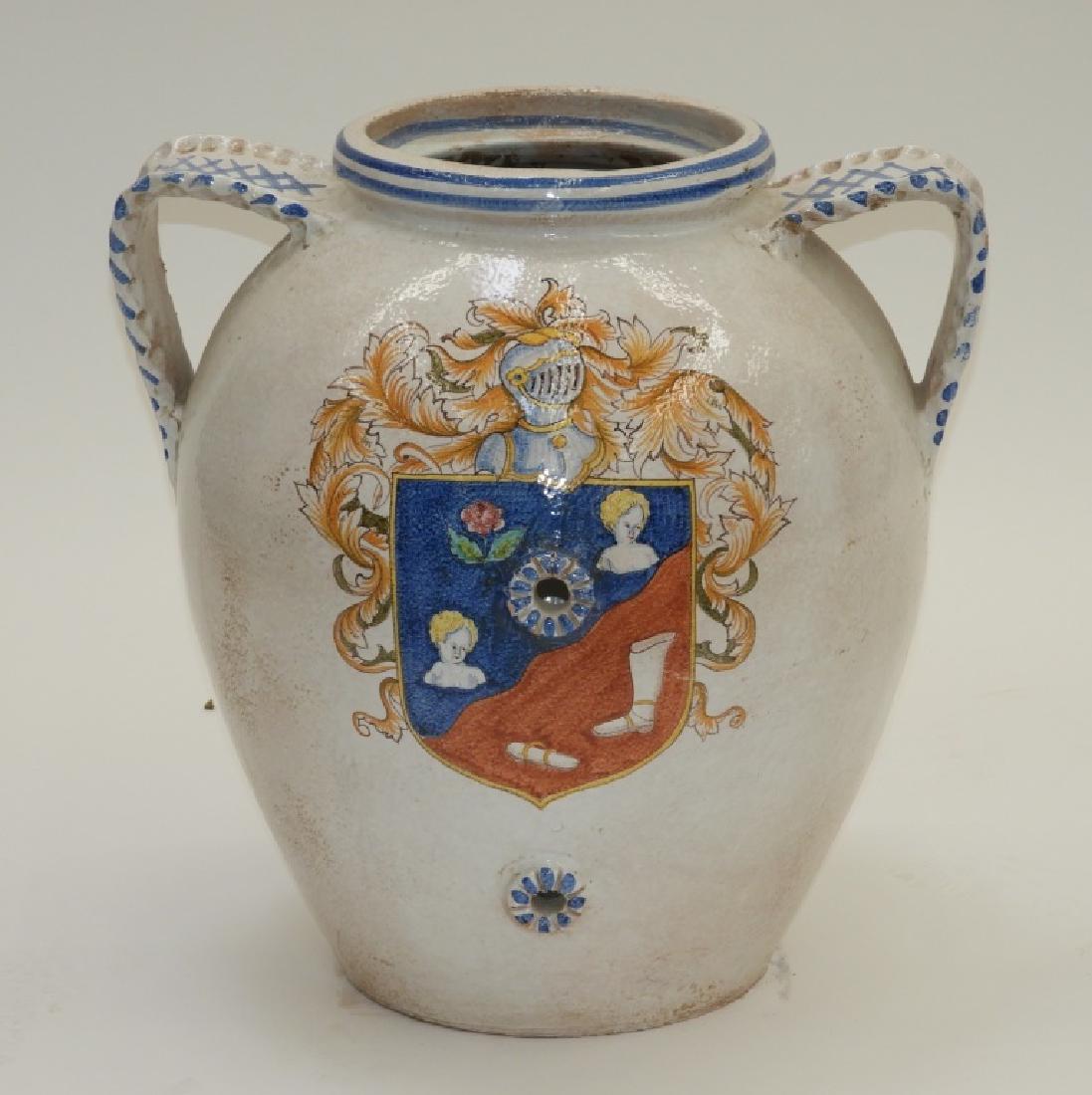 Italian Armorial Faience Majolica Pottery Vessel: Italy, 20th Century Armorial Faience Majolica Wine Vessel. Underside marked "P.V. 70155 Italy" Glazed earthenware Handle to handle 21", 16" diameter by 21 1/2" tall