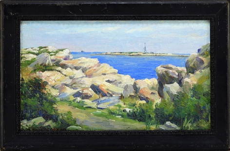 Francis Richardson Impressionist Coastal Painting: Francis Henry Richardson Massachusetts,1859-1934 Depicting the Isles of Shoals on the New Hampshire/Maine border. Titled "Rocks- Isles of Shoals" and dated "August 31st 1932" on verso. Oil on Board Si