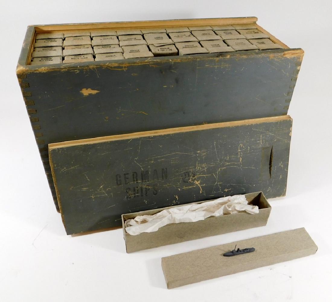 WWII Set of U.S.N Chart Table Ships of German Navy: United States,1942 Considered rare... this is a complete set of boxed German Navy Ships, identified to each ship at that time. Housed in its original wood case. 30 ship models total and a complete set