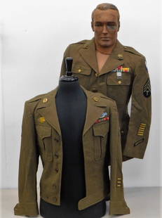 WWII U.S. Army Uniform Tunic & Ike Jacket: United States,1942 - 1945 WWII U.S. Army uniform tunic & Ike jacket. The tunic is from the 9th with a theater made insignia, fruit salad, and marksman badge. The Ike jacket has the 3rd Army insignia ,