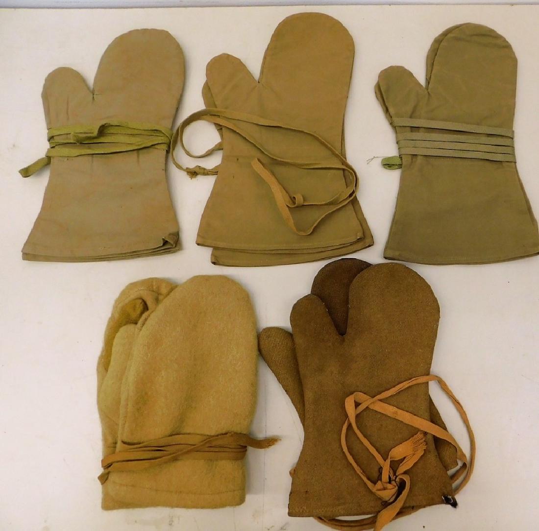 WWII Japanese Mosquito Mittens & Winter Mittens: Japan,1938 -1945 (5) Pair of WWII Japanese mosquito mittens and winter mittens, one pair with trigger finger and rabbit fur lined.