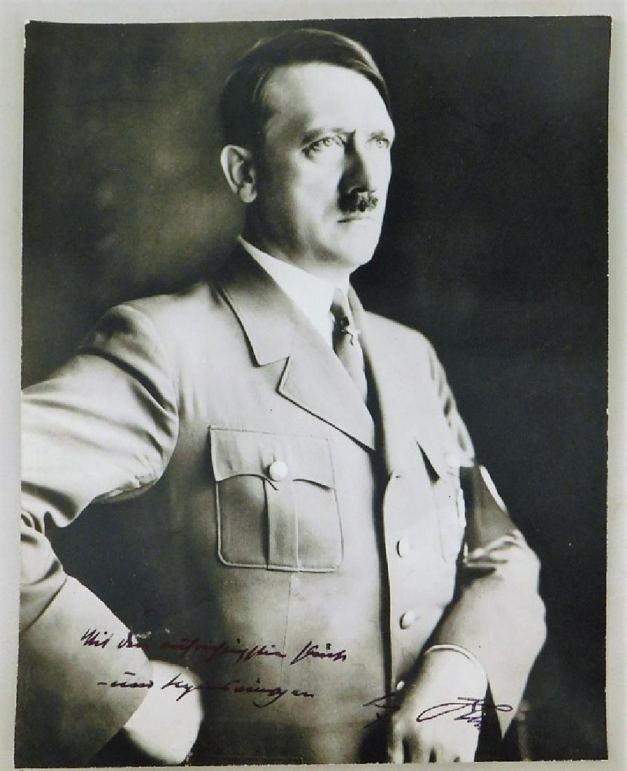 WWII German Adolf Hitler Signed Photograph: German,1933 - 1939 WWII German Adolf Hitler signed photograph with sentiment. Photograph by "Heinrich Hoffman, Munchen" Hoffman was Hitlers official photographer. Measures 9 1/2" x 7 1/2"
