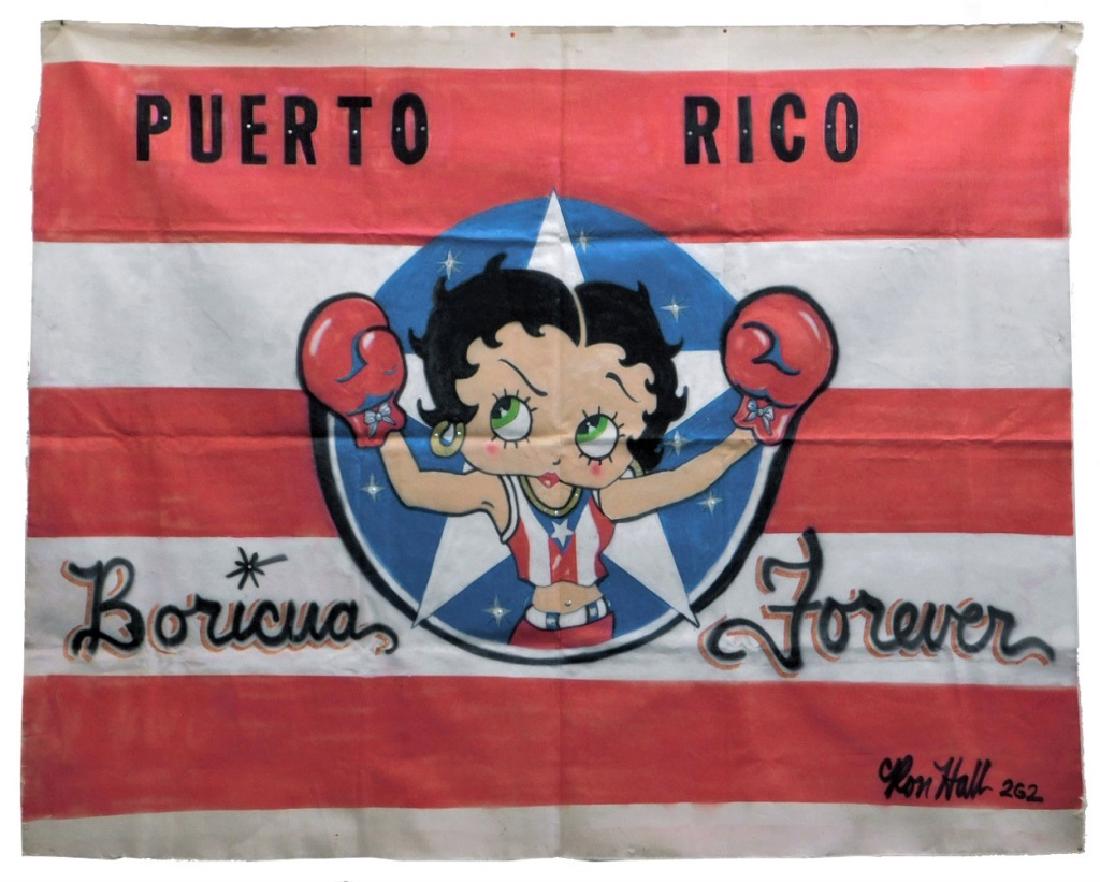 Ron Hall Betty Boop Urban Graffiti Pop Art: Ron Hall United States,20th Century Ron Hall, Betty Boop, 20th Century. Aerosol and studded rhinestones depicting Betty Boop in a Puerto Rico flag tank top with boxing gloves within the center of a Pu