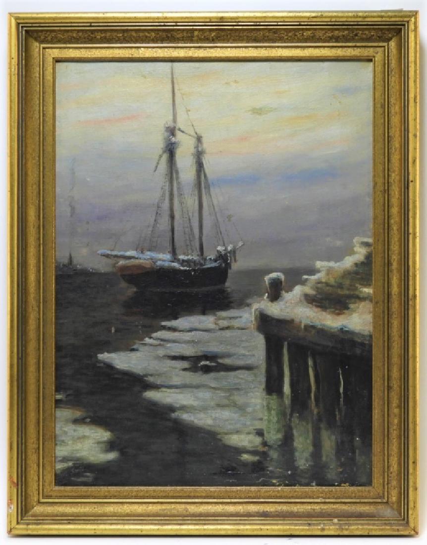 Frank Vining Smith Nocturnal Seascape Painting: Frank Vining Smith Massachusetts,1879-1967 Nocturnal winter seascape depicting a moored fishing boat off an icy dock. Signed lower left " F V Smith" From a Cranston, Rhode Island lady. Painting 20" x