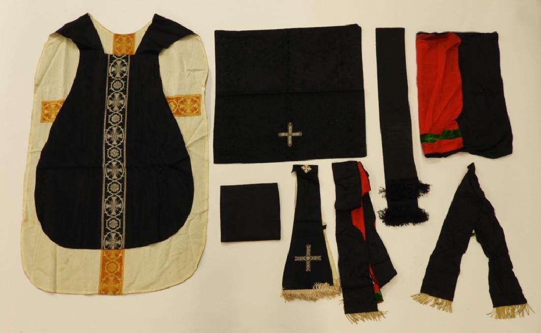 8PC. Black & Red Silk Vestment Set: United States,20th Century Some pieces matching with black and red with green velvet banding and gold tassels, others with damask or floral embroidery. From Belcourt castle Newport, Rhode Island. Larg