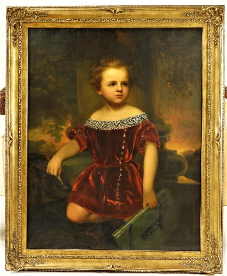 Charles Wesley Jarvis Portrait Painting of Girl: Charles Wesley Jarvis New York, Pennsylvania,1812-1868 Depicting an affluently dressed short haired young girl leaning against a marble column holding a book and pencil with an illuminated landscape i