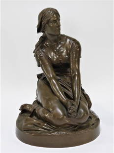 Henri Michel A. Chapu Joan of Arc Bronze Sculpture: Henri Michel Antoine Chapu France,1833-1891 Finely cast figural group depicting Joan of Arc kneeling barefoot with clasped hands wearing a short sleeve tunic and flowing trousers with side satchel