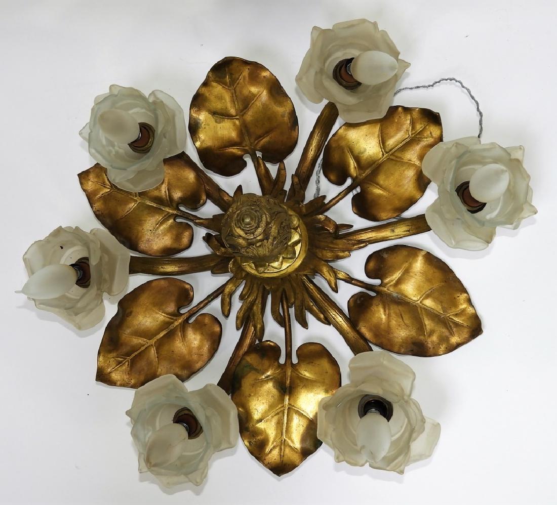 Gilt Brass Lotus Leaf Frosted Glass Chandelier (1 of 10)