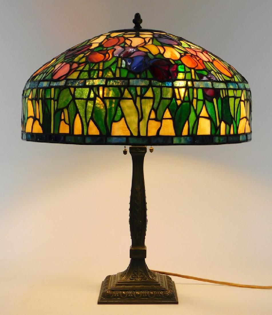 FINE Attrib Gorham Leaded Glass Rose Bronze Lamp (1 of 5)