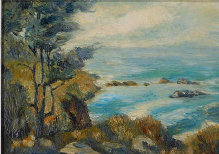 Ejnar Hansen Impressionist California Landscape: Ejnar Hansen California, Denmark,1884-1965 Plein air landscape depicting a rocky California coast with trees and low shrubbery in the foreground.Oil on board Board 12" x 16",Frame 16" x 20" From the c