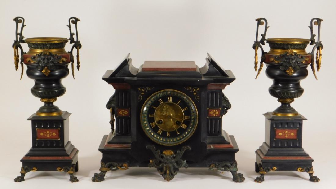 19C. French Black Rouge Marble Clock Garniture Set (1 of 9)